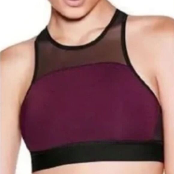 Pink Victorias Secret Burgundy And Black Crop Top Mesh Gym Sports Bra Small - Picture 1 of 8